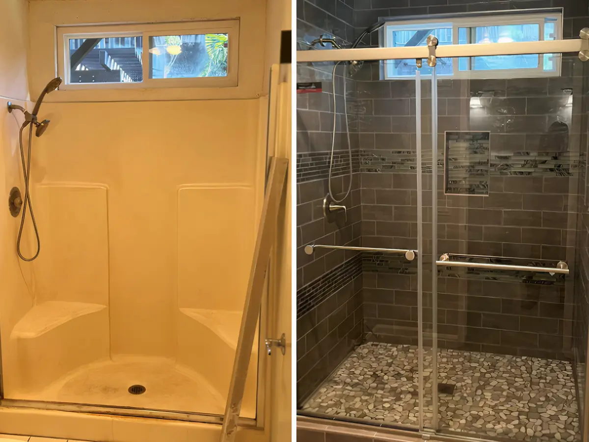 A shower before and after its remodel