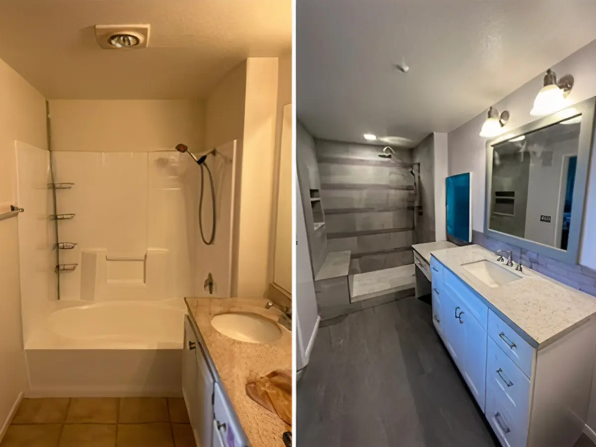 A shower before and after its remodel