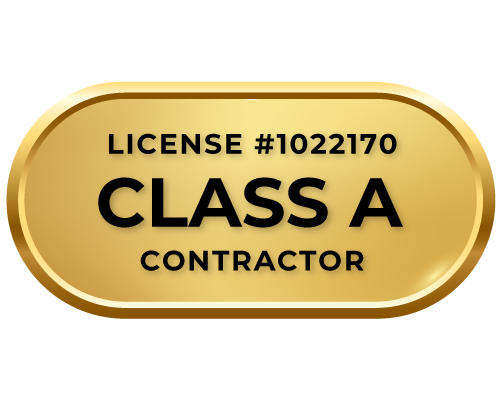 A golden badge that reads "license #1022170 Class A Contractor"