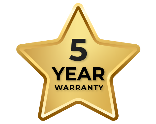 A golden badge in the shape of a star that reads "5 Year Warranty"